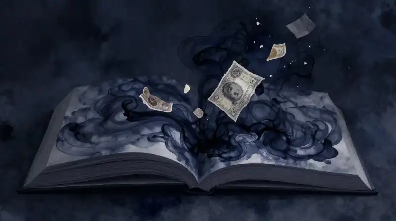 Ethereal ink swirls emerging from an open manuscript in deep blue tones