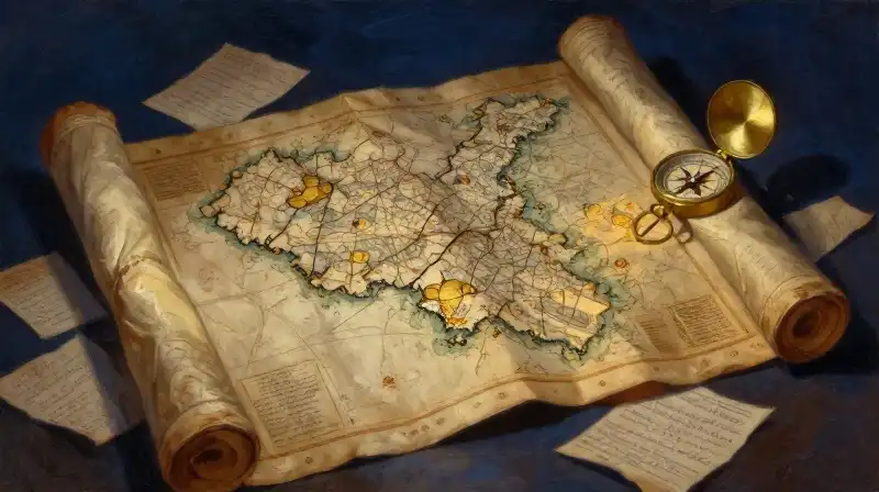 An unfolding vintage map and parchment in deep blue tones