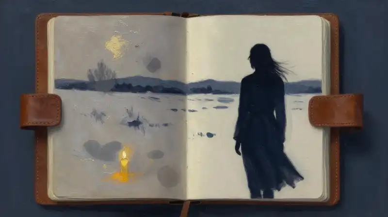 A woman looking out over a dark wintry wilderness, literary illustration