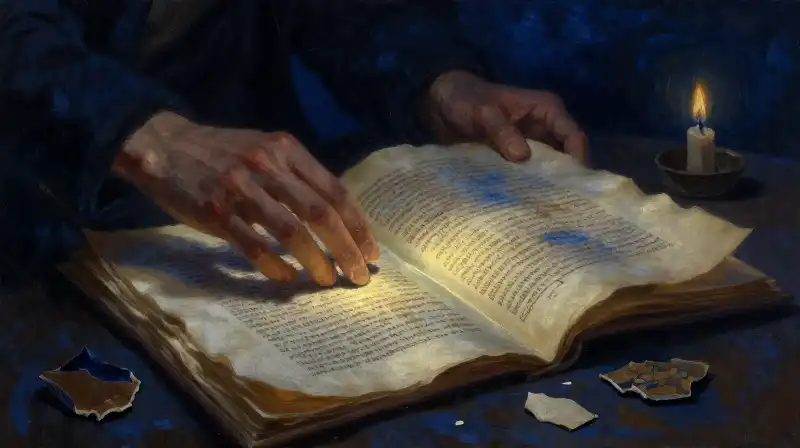 An ancient manuscript being unearthed in soft candlelight and blue tones