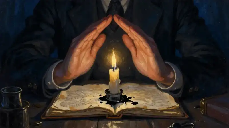 Protective hands shielding a candle in a dark study