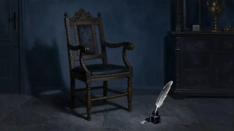 An empty Victorian chair in a dark indigo study