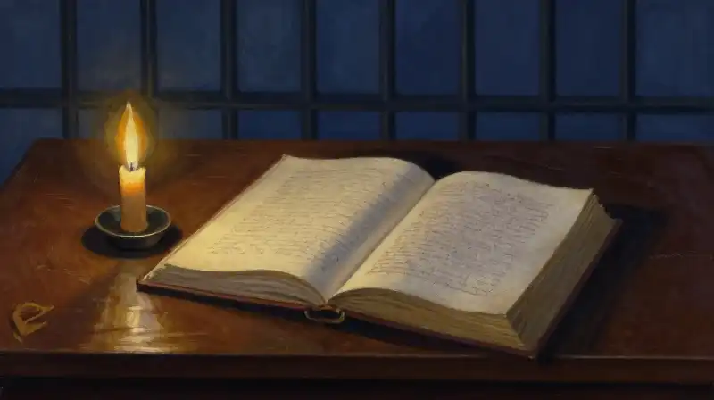 Open manuscript with candlelight and shadows in indigo tones