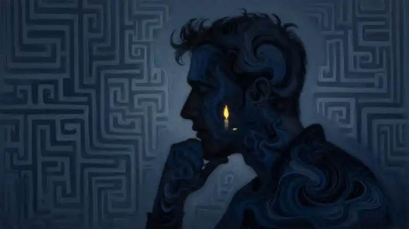 Stylized illustration of a man lost in a blue psychological labyrinth