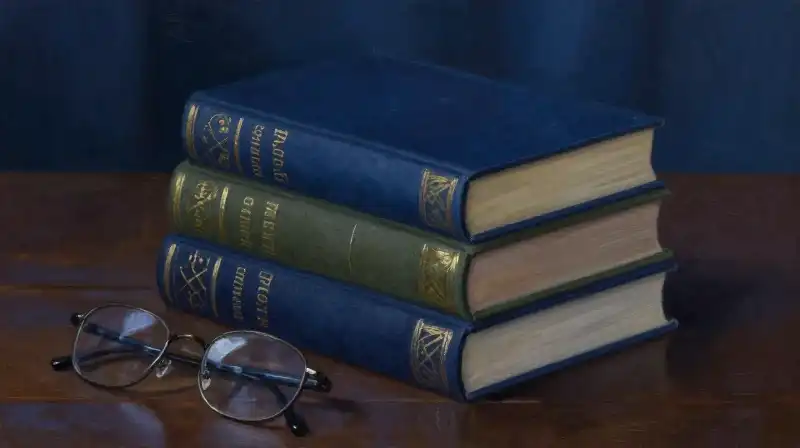 Collection of vintage hardcover books on a dark desk