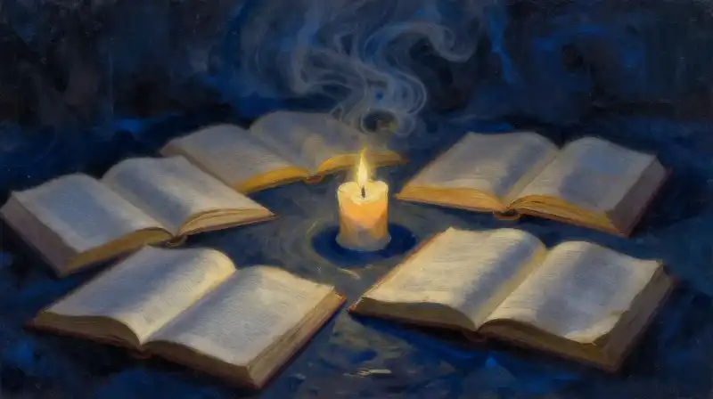 Open antique books in moody indigo light with warm candlelight