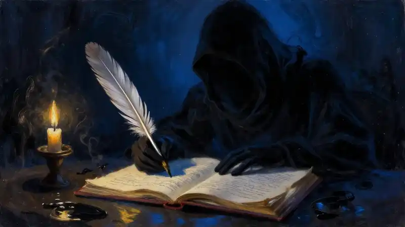 A shadowy figure rising from an ink-stained manuscript in deep blue tones