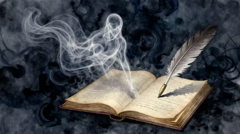 An ethereal figure rising from ink on an open manuscript