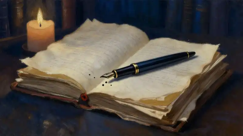 Stack of antique manuscripts and a fountain pen in candlelight