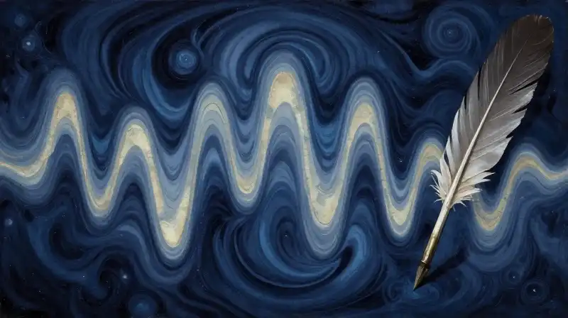 flowing ink waves and quill on blue parchment