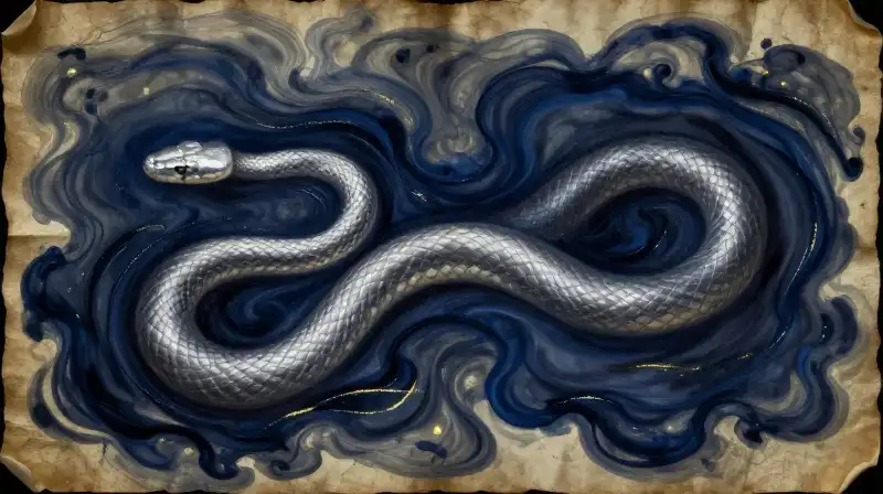 A silver snake winding through ink waves on parchment