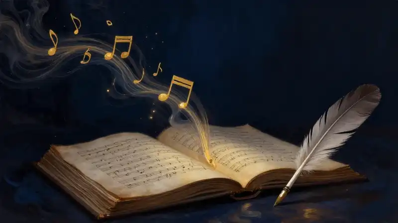 Swirling ink waves and musical notes flowing from an antique book