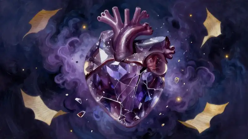 Shattering crystalline heart amidst swirling indigo ink and golden parchment fragments