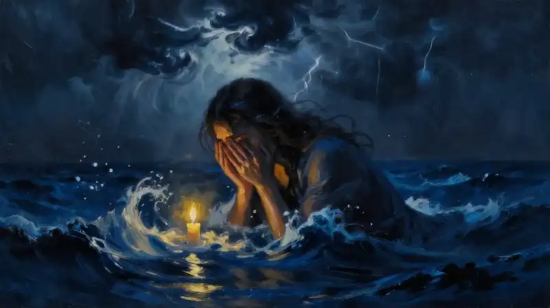 A melancholic literary illustration of a figure dissolving into a stormy indigo sea