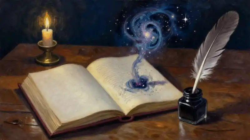 An open manuscript with cosmic stardust swirling from the pages