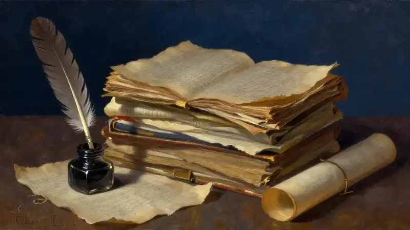 Stacked antique manuscripts and a quill in moody blue light