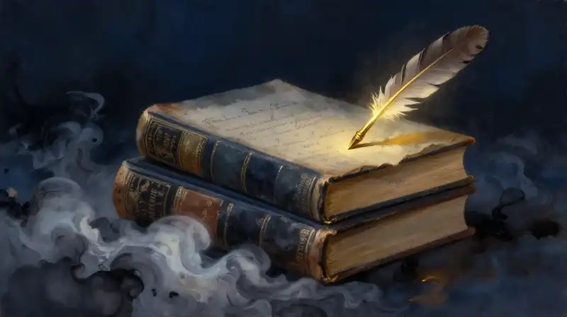 Two classic dystopian books with a glowing quill in dark blue tones