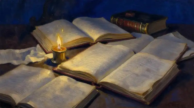 Scattered old manuscripts and parchment in moody blue lighting