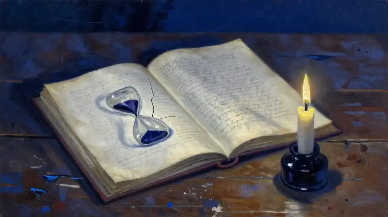 Atmospheric oil painting of an old manuscript in indigo tones