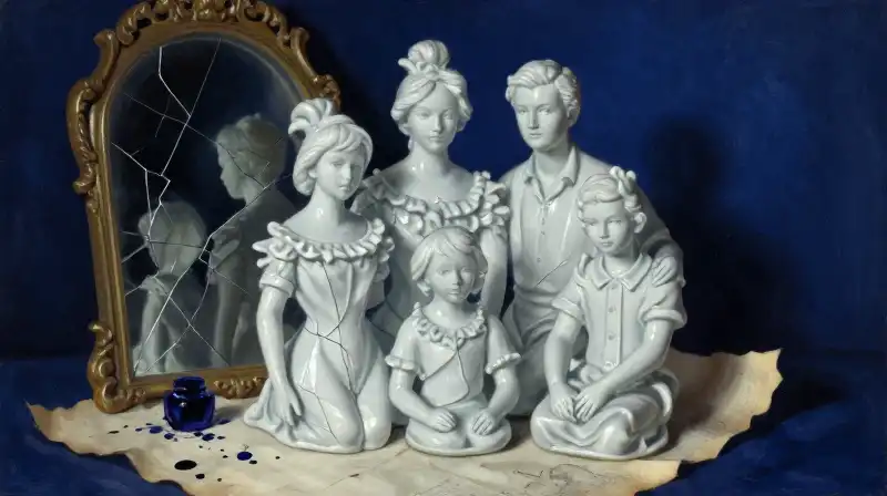 A cracked porcelain portrait in deep indigo tones