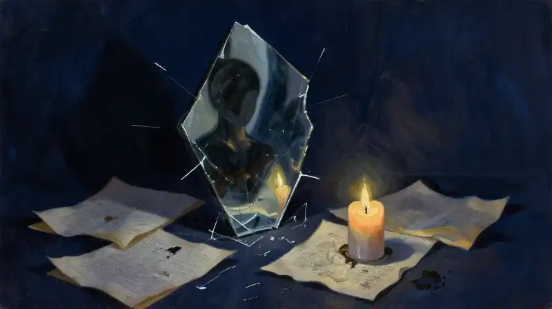 A cracked mirror reflecting a silhouette amidst ink-stained papers