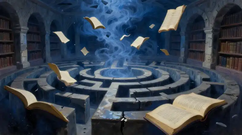 An abstract literary labyrinth of floating pages in deep blue