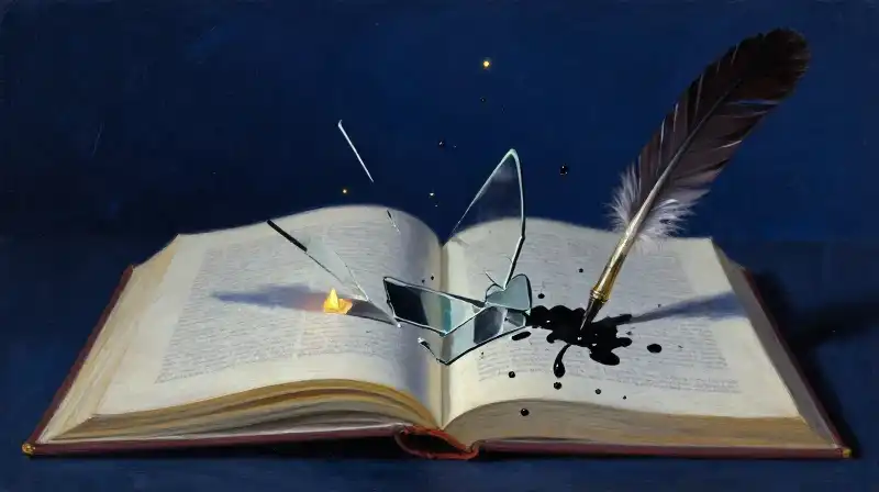 An open book dissolving into ink and floating quills in blue light