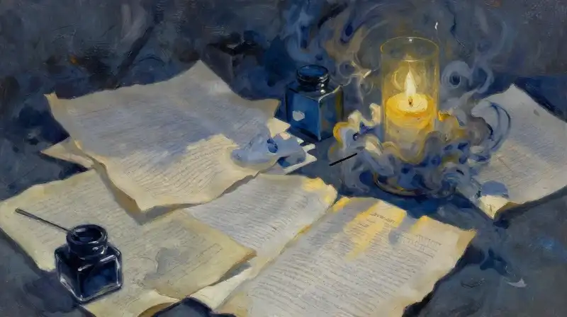 Fragmented manuscripts and inkwells in a moody indigo atmosphere