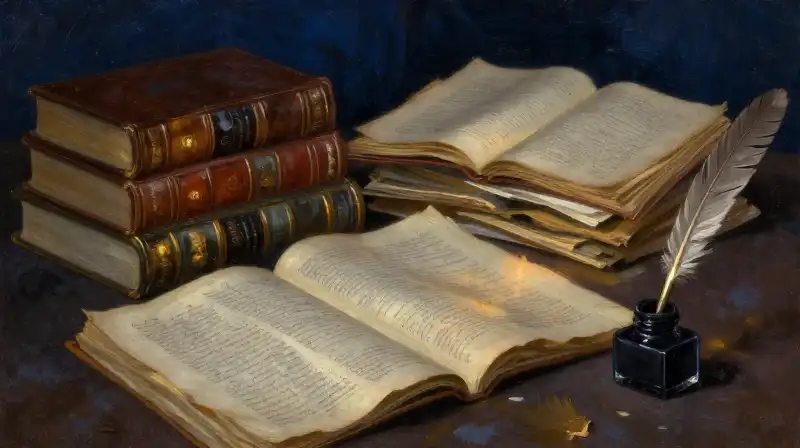 Stacked antique books and manuscripts in moody blue lighting
