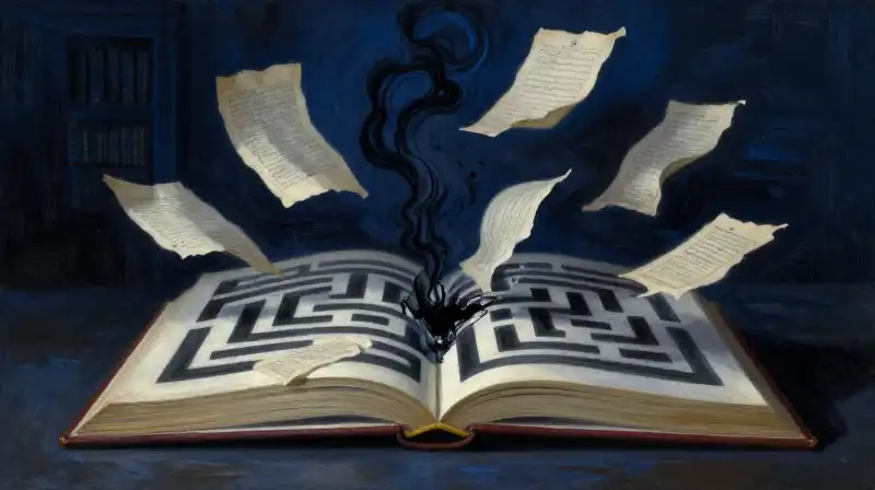 An open book with pages turning into a shifting ink labyrinth