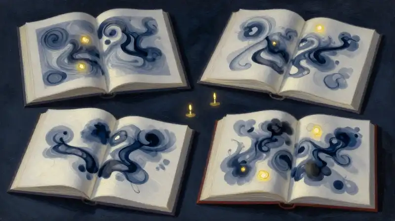 Three contrasting open books in a moody blue setting