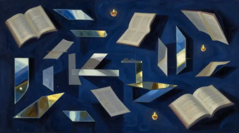 Fragmented book pages and mirrors in a deep blue atmosphere