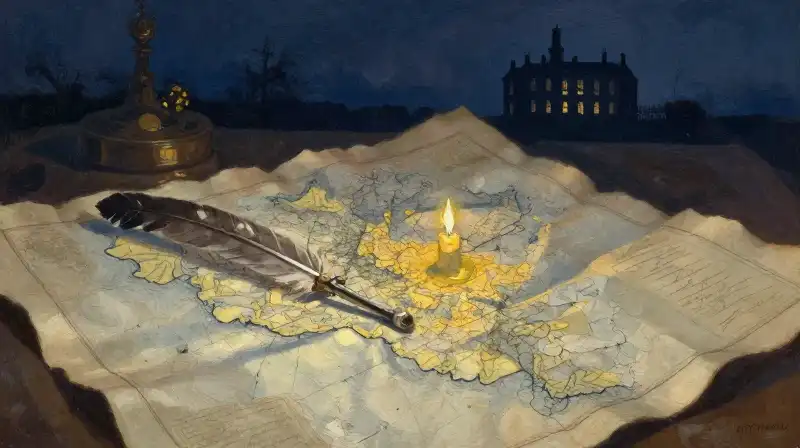 An ink quill and parchment map in deep blue tones
