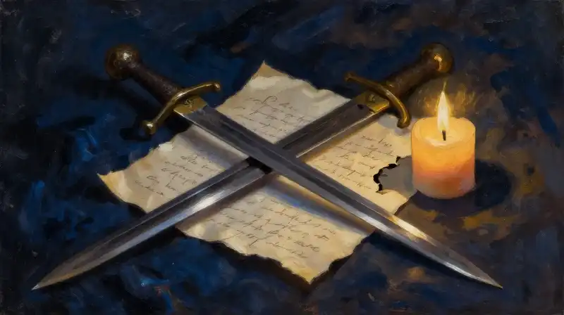 Two sabers and a torn letter in dramatic blue lighting