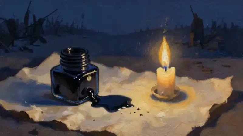 An inkwell and parchment on a desk in moody blue light