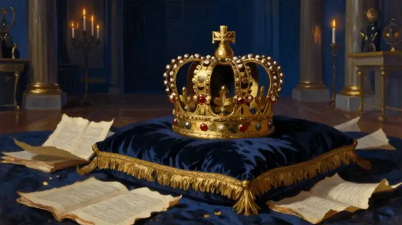 Ornate imperial crown and manuscripts in a moody blue palace setting