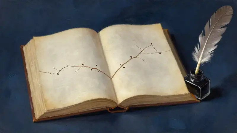 An open book with diverging paths in a moody blue library
