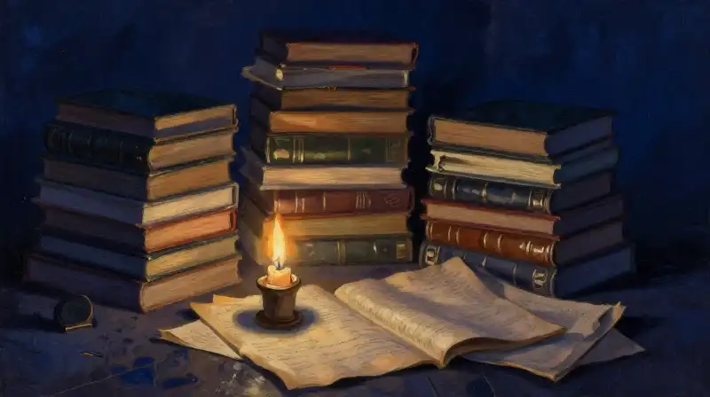 Stacked antique books and manuscripts in moody indigo lighting