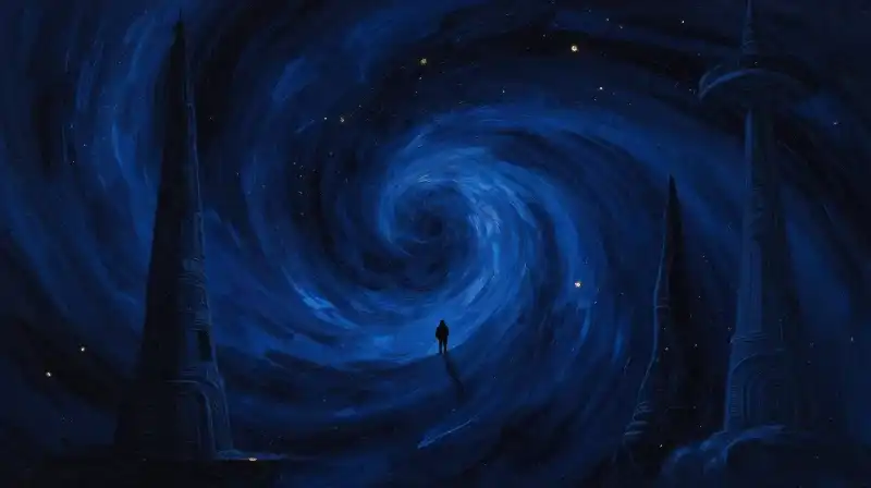 A lone figure facing a vast cosmic void and ancient monoliths