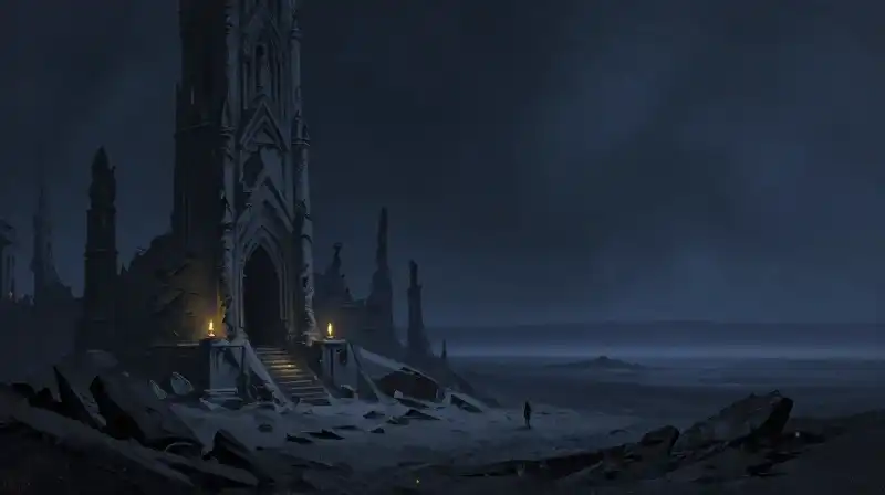 Desolate gothic ruins on a dark blue alien planet