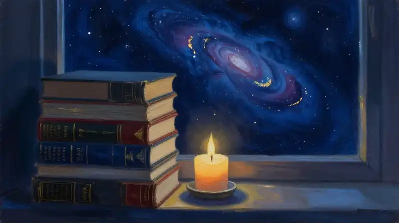 Atmospheric stack of sci-fi books in a dark blue room