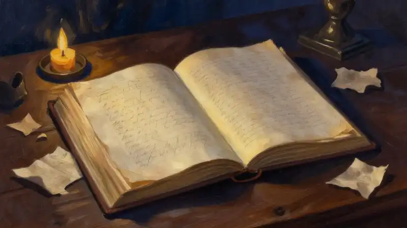 An open ancient book with parchment on a dark desk