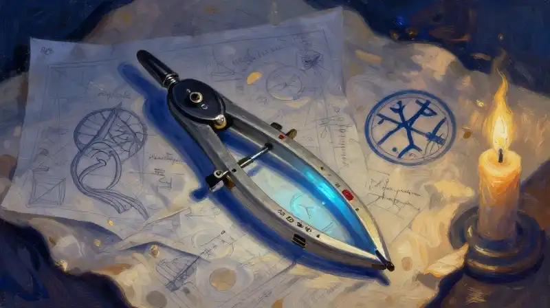 Mechanical compass and glowing rune on aged parchment in blue tones