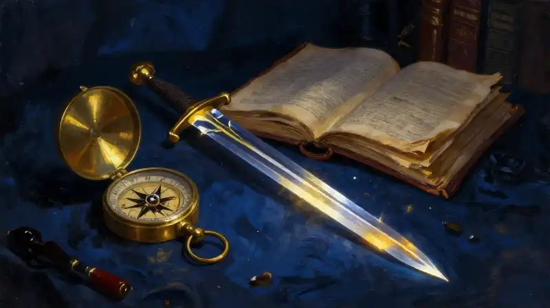 A mystical sword and brass compass on old books in blue lighting