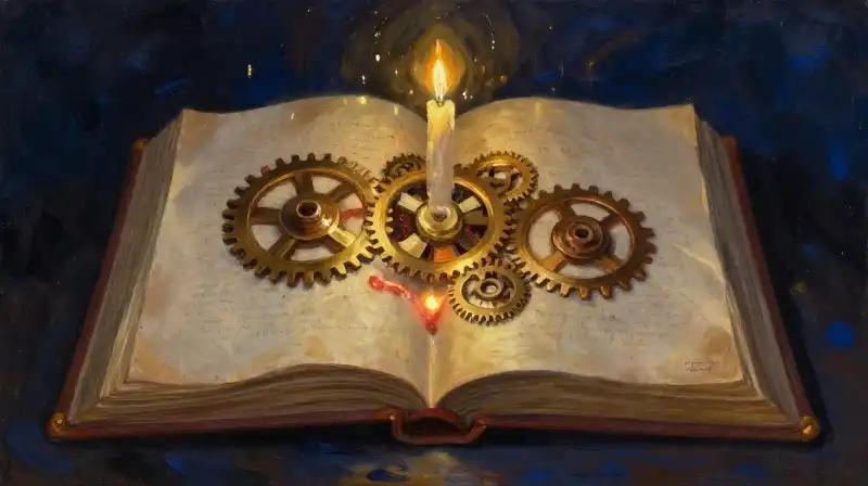An open book with mechanical and magical elements emerging
