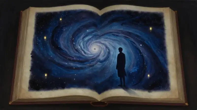 A silhouette watching a cosmic nebula above an open book