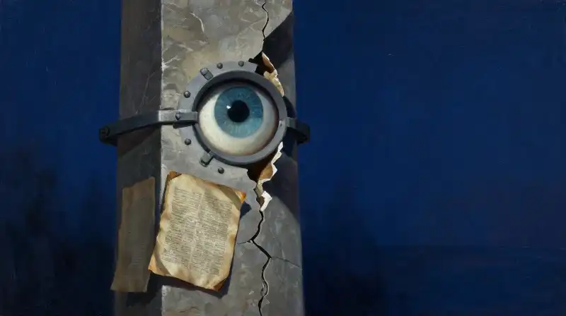 Symbolic pillars and manuscripts in a moody blue literary illustration