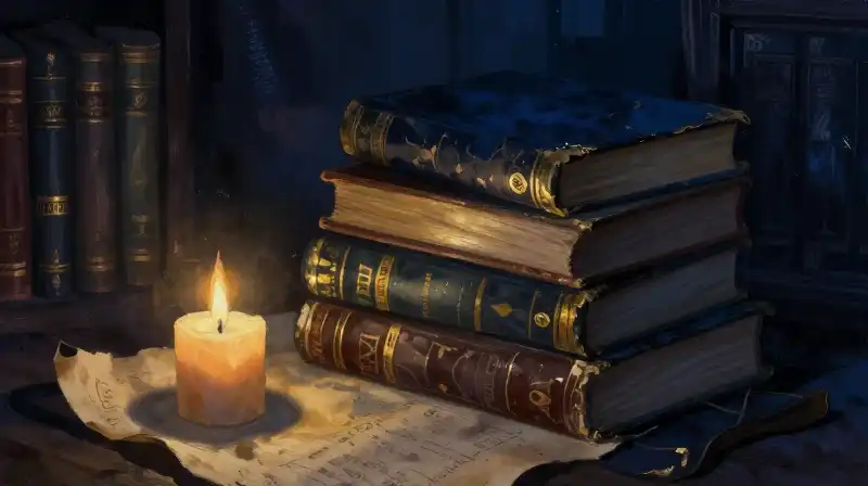 A stack of old books in a moody blue library