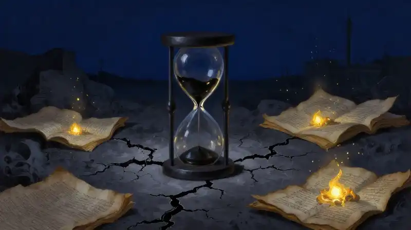 An hourglass leaking ink over old manuscripts in deep blue tones