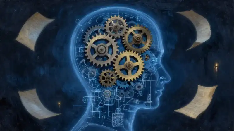 Abstract clockwork gears and blue architectural blueprints in a painterly style